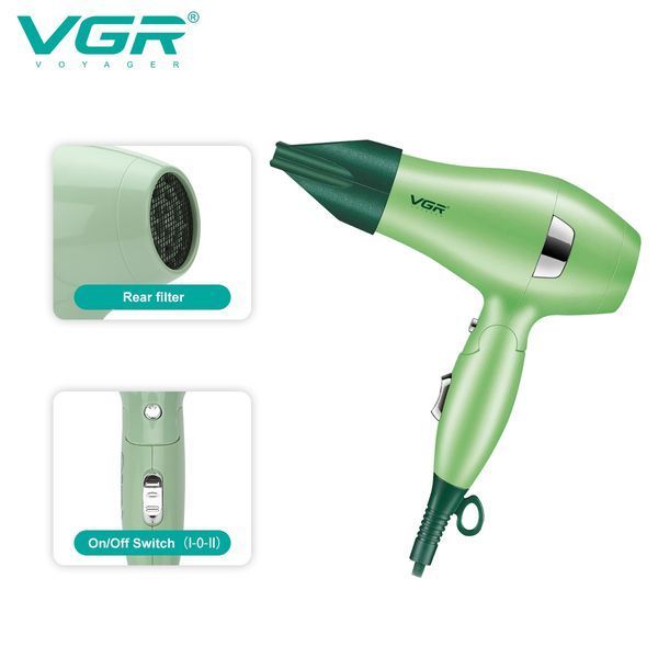 Фен для волосся дорожній VGR V-432 GREEN, з концентратором 1000 Вт, іонізація та 2 режими. Колір: зелений 00014958 фото