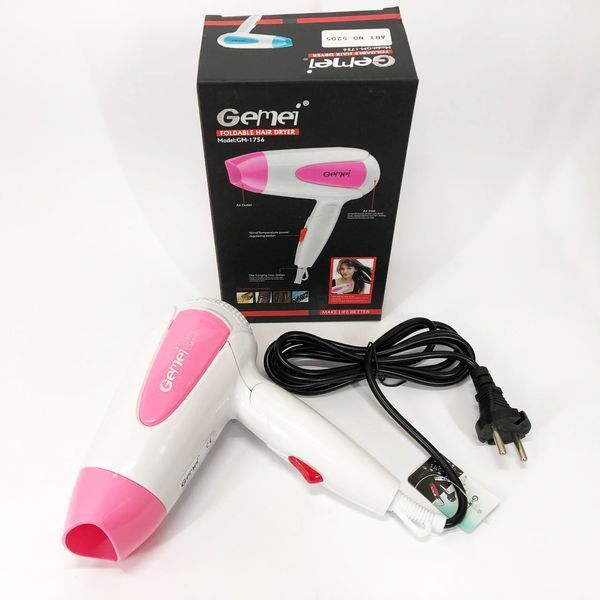 Фен для волосся складаний дорожній Gemei GM-1756 1200 Вт, Домашній фен для укладання. Колір: рожевий 00014525 фото
