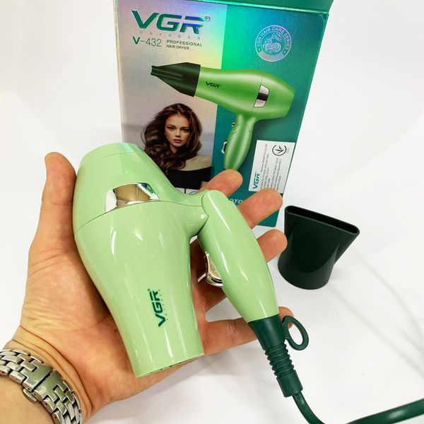 Фен для волосся дорожній VGR V-432 GREEN, з концентратором 1000 Вт, іонізація та 2 режими. Колір: зелений 00014958 фото