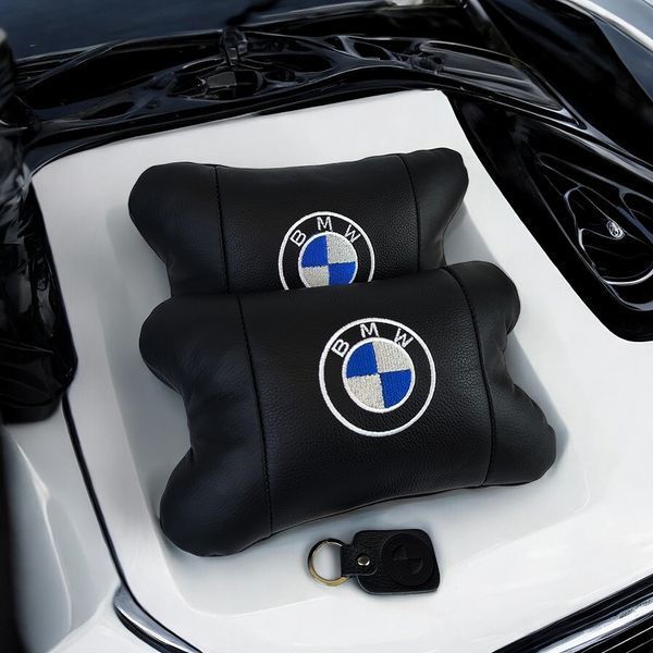 Авто подушки 2 шт &mdash; набор BMW из натуральной кожи, на подголовник в машину, Автомобильная подушка БМВ 00016728 фото