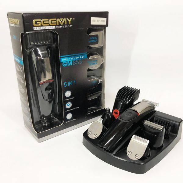 Машинка для стрижки 5в1 Geemy GM-853 стайлер, бритва, триммер на аккумуляторе нержавеющая сталь 6 насадок 00014514 фото