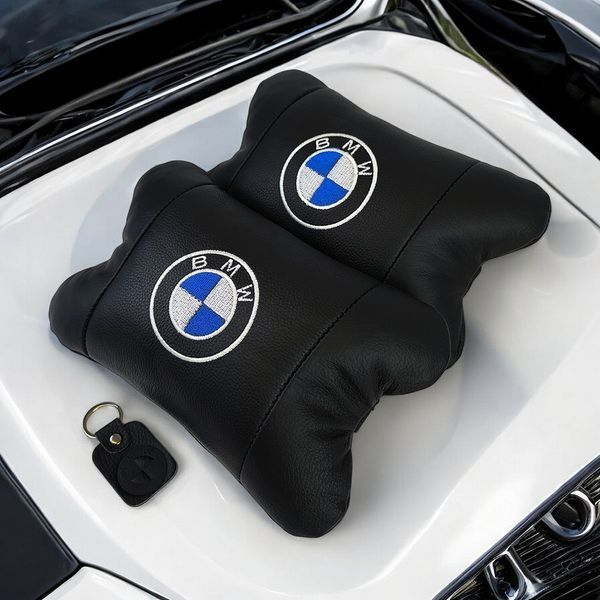 Авто подушки 2 шт &mdash; набор BMW из натуральной кожи, на подголовник в машину, Автомобильная подушка БМВ 00016728 фото