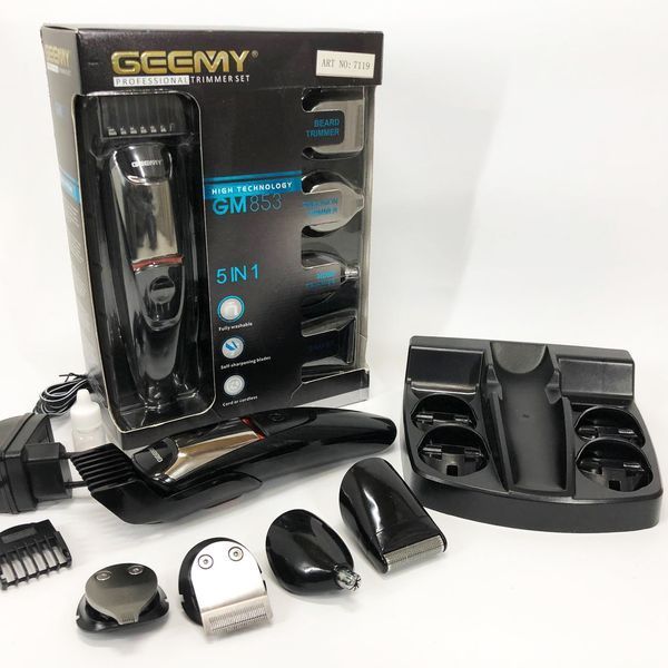 Машинка для стрижки 5в1 Geemy GM-853 стайлер, бритва, триммер на аккумуляторе нержавеющая сталь 6 насадок 00014514 фото