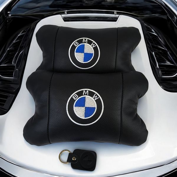 Авто подушки 2 шт &mdash; набор BMW из натуральной кожи, на подголовник в машину, Автомобильная подушка БМВ 00016728 фото