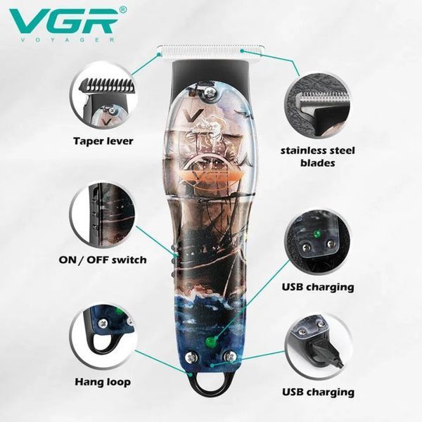 Профессиональный триммер для стрижки волос и бороды VGR V-953 с насадками, окантовочная машинка 00014404 фото