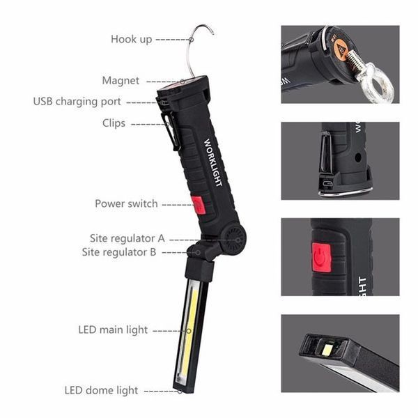Фонарь кемпинг W51-SMD+COB, поворот на 180&ordm;+180&ordm;, магнит, зажим, крюк для подвеса, встроенный аккумулятор 00022916 фото