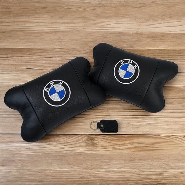 Авто подушки 2 шт &mdash; набор BMW из натуральной кожи, на подголовник в машину, Автомобильная подушка БМВ 00016728 фото