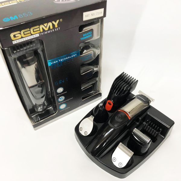 Машинка для стрижки 5в1 Geemy GM-853 стайлер, бритва, триммер на аккумуляторе нержавеющая сталь 6 насадок 00014514 фото