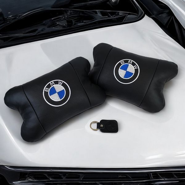 Авто подушки 2 шт &mdash; набор BMW из натуральной кожи, на подголовник в машину, Автомобильная подушка БМВ 00016728 фото