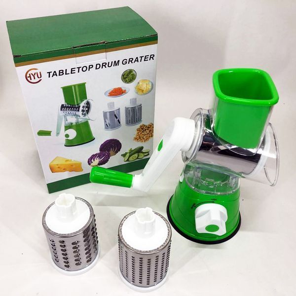 Овочерізка мультислайсер Tabletop Drum Grater Kitchen Master Терка для овочів та фруктів 3 насадки. Колір: зелений 00020291 фото