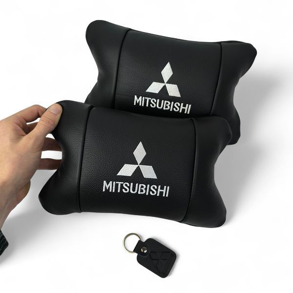 Подушки Mitsubishi з натуральної шкіри, Автоподушки на підголовник + шкіряний брелок з логотипом 00016883 фото