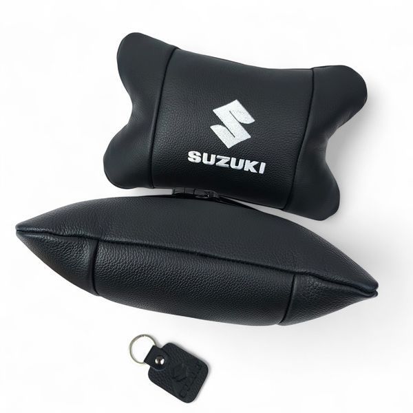 Набір шкіряних подушок Suzuki з вишивкою логотипу + брелок у подарунок для авто 00016884 фото