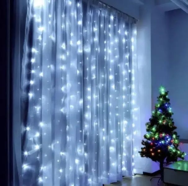 Светодиодная гирлянда штора роса на проволоке 3х2 м 200 LED пульт + USB холодный белый 00024810 фото