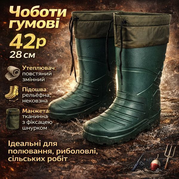 Чоботи гумові високі чоловічі 42р 28см утеплені, Гумові чоботи для активного відпочинку 00023981 фото